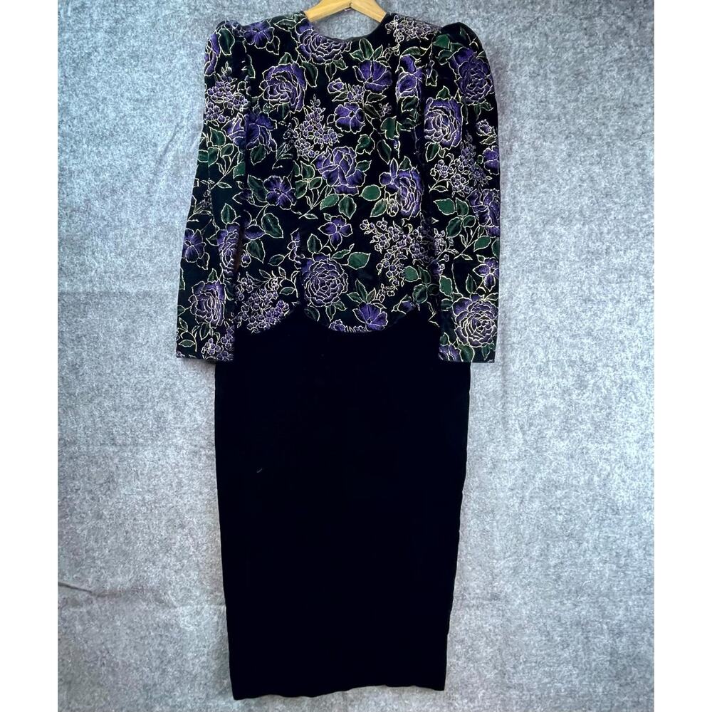Vintage Scott McClintock Dress 10 Purple Black 80s Velvet Sparkle MOB Regency‎